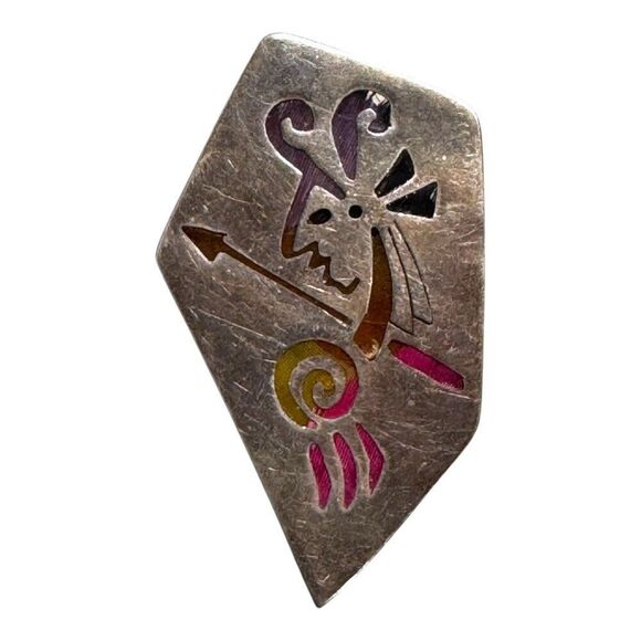 1970 Signed Dominguez Mexican Taxco Sterling Inlaid Feather Resin Brooch Pendant - Picture 1 of 6